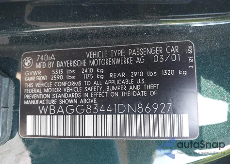 2001 BMW 740Ia z USA, uszkodzony, nr VIN WBAGG83441DN86927